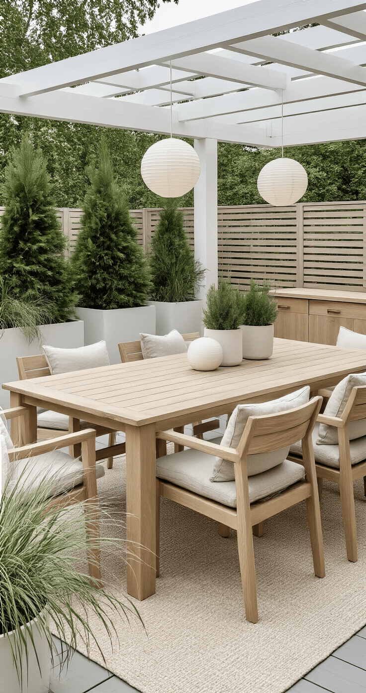 Outdoor Dining Area Inspiration: 47 Ideas That'll Make You Never Want to Eat Inside Again Scandinavian-inspired outdoor dining area with a light oak table and wooden chairs under a white pergola, featuring planters, paper lanterns, and a weathered teak console, all set on a light grey deck.
