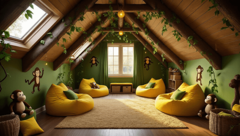 How to Transform Your Attic Into a Cozy Monkey-Themed Kids' Playroom Whimsical attic playroom with jungle-themed decor, featuring banana-yellow bean bags, monkey wall decals, and warm golden hour sunlight streaming through dormer windows.