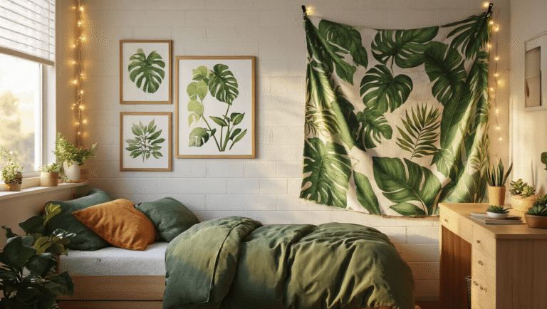 Transform Your Dorm Room: Wall Decor That Won't Get You Fined Cozy college dorm room featuring botanical wall decor with tropical leaves, warm sunlight, gallery-style framed prints, string lights, and earth-tone bedding, creating an inviting atmosphere.