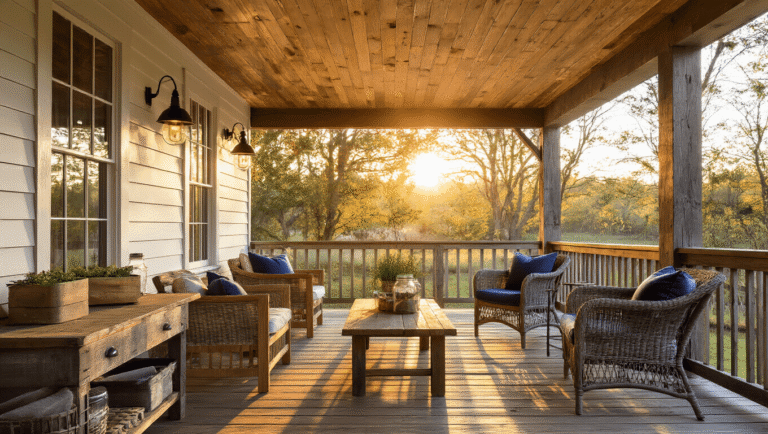 How I Discovered the Cheapest Ways to Transform My Porch Ceiling Without Breaking the Bank Cinematic wide-angle shot of a rustic covered porch featuring honey-stained pine ceiling planks, white vinyl panels, and brushed steel accents, illuminated by warm afternoon sunlight. The scene includes weathered wood furniture, navy cushions, mason jar pendant lights, and a vintage workbench displaying reclaimed wood and fiber cement samples, enhanced by atmospheric hanging ferns and decorative string lights.