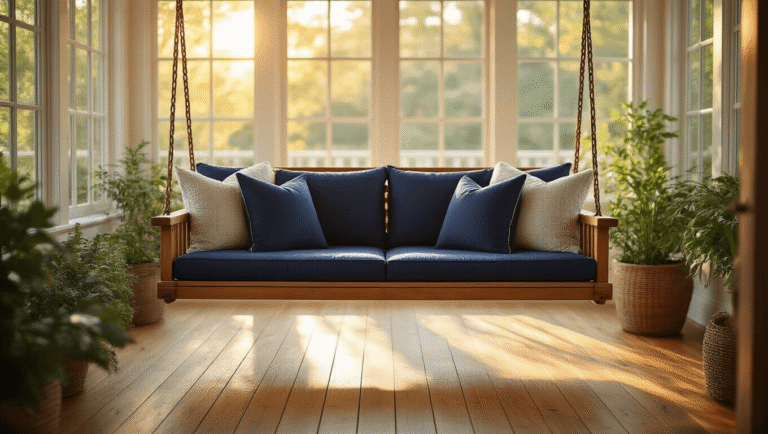 Freestanding Porch Swing: Everything You Need to Know Before You Buy Photorealistic sunroom featuring a cedar-framed porch swing with navy cushions, bathed in warm golden hour light, surrounded by lush greenery and honey-colored hardwood floors, creating a cozy and inviting atmosphere.