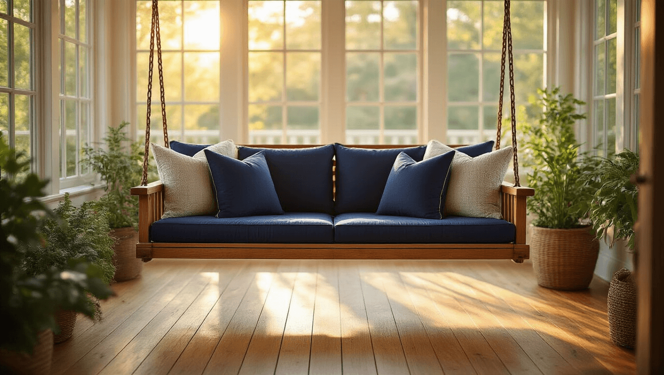 Freestanding Porch Swing: Everything You Need to Know Before You Buy Photorealistic sunroom featuring a cedar-framed porch swing with navy cushions, bathed in warm golden hour light, surrounded by lush greenery and honey-colored hardwood floors, creating a cozy and inviting atmosphere.