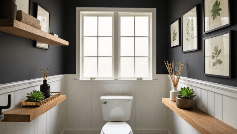 How to Actually Make Your Toilet Room Look Like You Planned It (Not Like an Afterthought) Elegant powder room featuring deep charcoal gray walls, warm golden hour lighting, white porcelain toilet styled with a brass tray, floating oak shelves with décor, and a gallery wall of vintage botanical prints, all contributing to a luxurious boutique hotel ambiance.