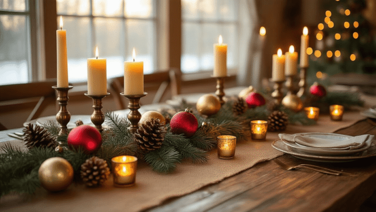 Simple Christmas Table Decorations That'll Make Your Guests Go "Wow!" (Without Breaking a Sweat) A beautifully arranged Christmas dining table with vintage brass candlesticks, flickering cream candles, mercury glass ornaments, and fresh pine branches, all bathed in warm golden hour lighting, creating a cozy festive atmosphere.