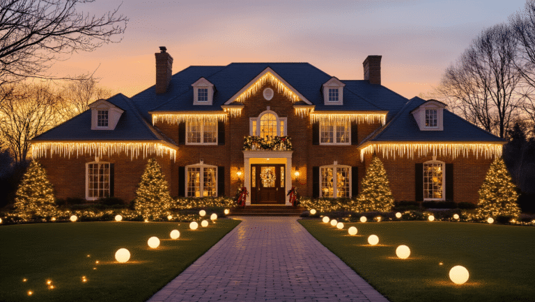 Outdoor Christmas Lights Ideas That'll Make Your Neighbors Jealous (In a Good Way) A majestic colonial home decorated with warm C9 Christmas lights and icicle lights, illuminated against a vibrant amber sky during golden hour, featuring a manicured lawn with glowing spheres and pathway lights leading to a festive front door.