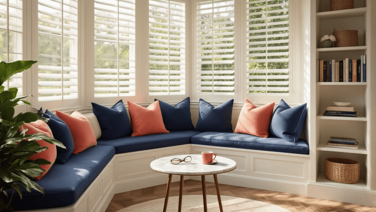 Sunroom Design Ideas That'll Make You Never Want to Leave (And I'm Not Even Exaggerating) Cozy sunroom reading nook with navy cushions and coral pillows, featuring a marble table with coffee and glasses, illuminated by soft morning light filtering through white shutters, creating a warm and inviting atmosphere.