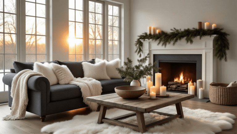 How to Transform Your Home with Non-Christmas Winter Decor That Actually Looks Good Photorealistic living room interior bathed in warm golden hour light, featuring a charcoal linen sofa adorned with a chunky knit throw and faux fur pillows, a rustic wooden coffee table with eucalyptus branches and layered candles, and a mantel dressed with pine garland, all set against a soft palette of grey, brown, white, silver, and gold for a cozy, serene atmosphere.