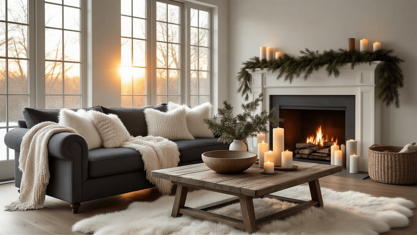 Photorealistic living room interior bathed in warm golden hour light, featuring a charcoal linen sofa adorned with a chunky knit throw and faux fur pillows, a rustic wooden coffee table with eucalyptus branches and layered candles, and a mantel dressed with pine garland, all set against a soft palette of grey, brown, white, silver, and gold for a cozy, serene atmosphere.