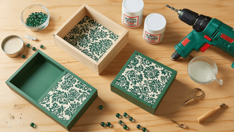 DIY Stocking Holders That'll Make Your Mantel Actually Look Good A crafting table illuminated by bright daylight, featuring the process of making wooden box stocking holders with unpainted and half-finished painted boxes, Mod Podge containers, foam brushes, scattered glass marbles, and various crafting tools, showcasing warm textures and inviting workshop ambiance.