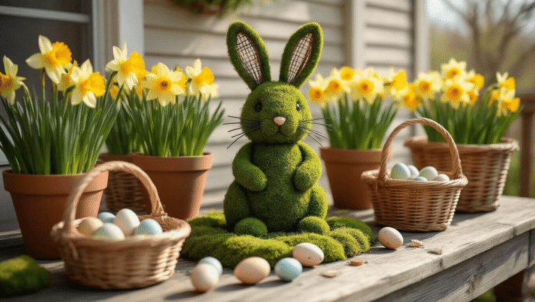 Easter Front Porch Decor That'll Make Your Neighbors Slow Down (No Pastel Overload Required) Cinematic macro shot of a DIY Easter porch centerpiece featuring a moss-covered bunny, vibrant yellow daffodils in terracotta pots, wicker baskets with speckled eggs, and crafting supplies on a weathered wooden table, illuminated by golden hour lighting.
