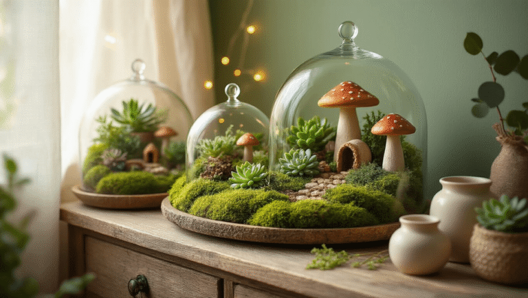 47 Magical Fairy Garden Ideas That'll Transform Your Backyard Into an Enchanted Paradise Cinematic close-up of a weathered wooden console showcasing glass cloche terrariums filled with vibrant moss and tiny succulents, illuminated by golden afternoon light and softened by sheer curtains, adorned with miniature mushroom houses and surrounded by soft-diffused candlelight for a cozy, whimsical atmosphere.