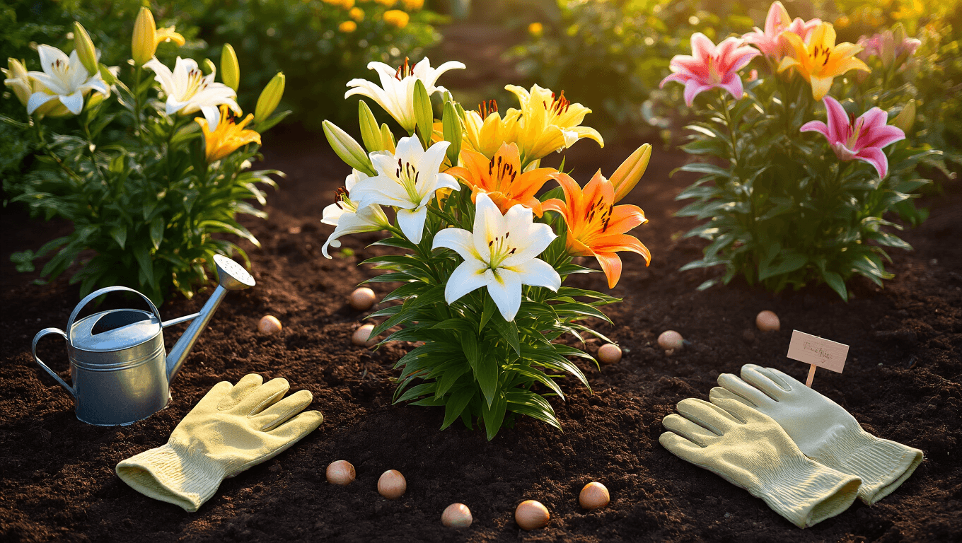 Cinematic overhead view of freshly planted lily bulbs in dark soil, surrounded by blooming Asiatic, Oriental, and Trumpet lilies in vibrant colors. Warm golden hour light casts dramatic shadows, while garden tools and dew-covered petals add to the tranquil scene.
