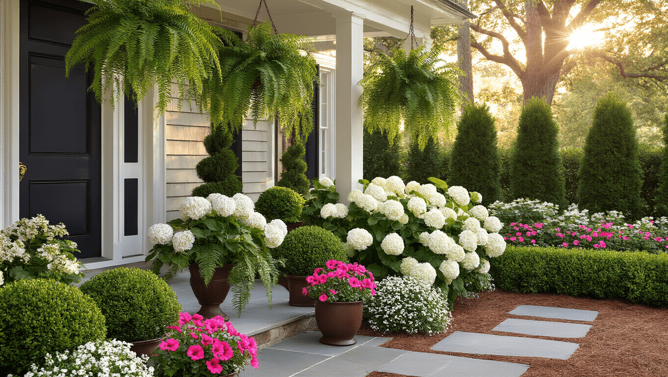 Cinematic view of a welcoming front porch at golden hour, featuring lush landscaping with white hydrangeas, pink petunias, manicured boxwood topiary, hanging Boston ferns, and a dark charcoal front door, framed by dappled sunlight and rich brown mulch.