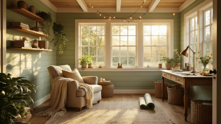 She Shed Ideas: Your Complete Guide to Creating the Perfect Backyard Retreat A cozy she shed interior bathed in golden hour light, featuring sage green shiplap walls, honey oak flooring, a plush reading chair, rustic desk with art supplies, and warm ambiance from string lights and an essential oil diffuser.