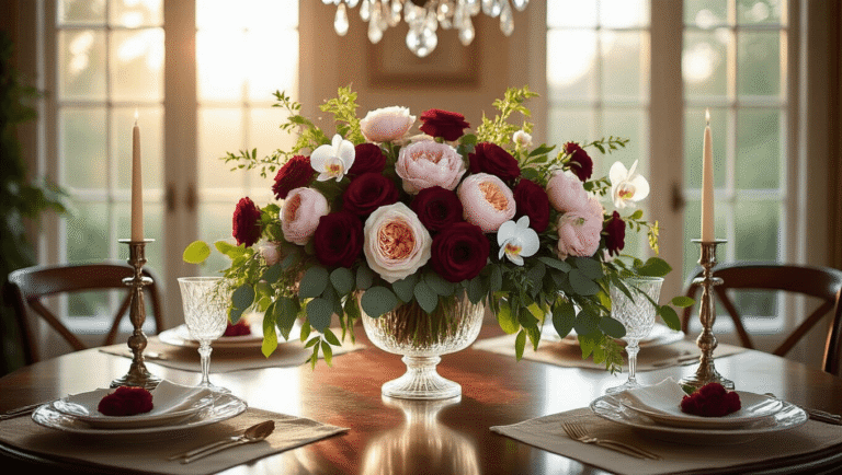 The Real Story Behind Luxury Flowers (And Why They're Worth Every Penny) Luxury floral arrangement featuring deep burgundy roses, blush peonies, and white orchids in a crystal vase, set on a mahogany dining table illuminated by golden hour sunlight, with a vintage chandelier overhead and silver candlesticks beside.