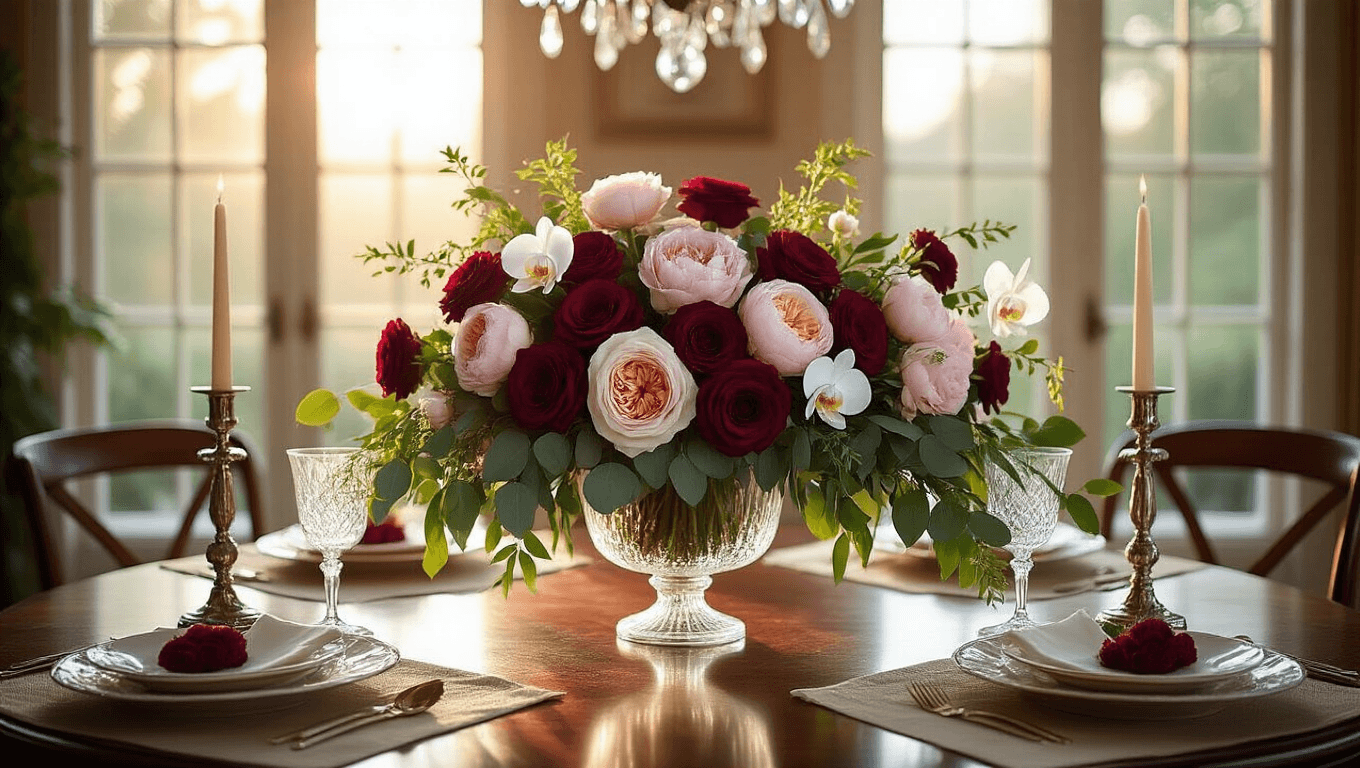 The Real Story Behind Luxury Flowers (And Why They're Worth Every Penny) Luxury floral arrangement featuring deep burgundy roses, blush peonies, and white orchids in a crystal vase, set on a mahogany dining table illuminated by golden hour sunlight, with a vintage chandelier overhead and silver candlesticks beside.