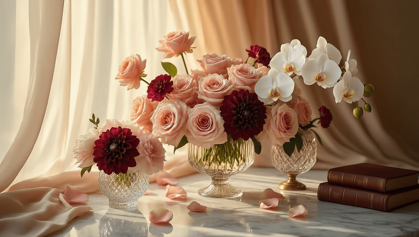 The Prettiest Flowers That'll Make Your Home Look Like a Million Bucks (Without Spending It) Elegant floral arrangement featuring blush roses, coral peonies, burgundy dahlias, and white orchids in crystal and ceramic vessels on a polished marble surface, with soft golden hour lighting casting dramatic shadows.