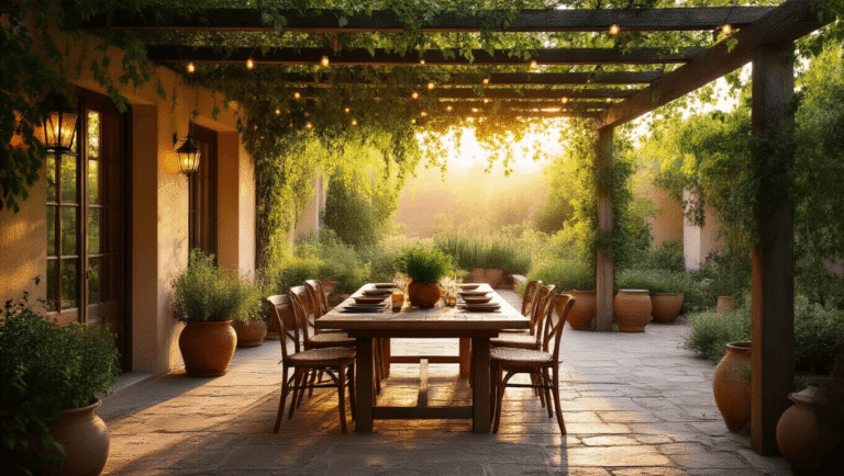 Outdoor Dining Area Inspiration: 47 Ideas That'll Make You Never Want to Eat Inside Again A cozy Mediterranean courtyard dining area featuring a rustic farmhouse table under a jasmine-covered pergola, illuminated by warm golden hour light and soft shadows, with mismatched seating, terracotta herb planters, and vintage ceramic dishes.