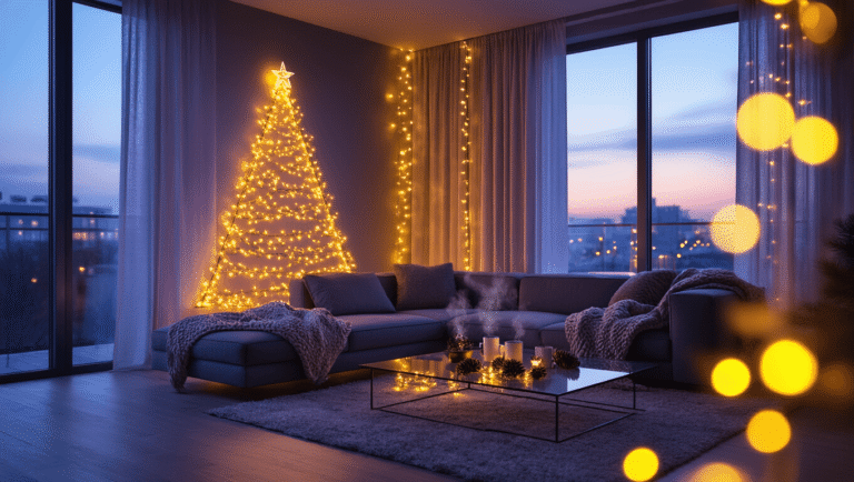 Wall Christmas Trees: 5 Gorgeous Styles That Won't Eat Your Living Room Cinematic wide shot of a modern studio apartment at twilight, featuring a minimalist triangular Christmas tree made of warm LED fairy lights on a charcoal accent wall, with soft purple-blue light through floor-to-ceiling windows, a sleek sectional sofa, and a glass coffee table with steaming mugs and pine cones, all highlighted by golden bokeh from string lights.