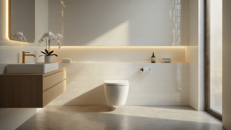 Modern Toilets: Everything You Need to Know About Today's Bathroom Game-Changers Cinematic wide-angle view of a modern minimalist bathroom featuring a sleek white one-piece toilet, polished concrete floors, floor-to-ceiling white subway tiles, a floating white oak vanity with an integrated sink, warm brass fixtures, and a fresh white orchid accent, all bathed in soft golden hour light for a serene spa-like atmosphere.