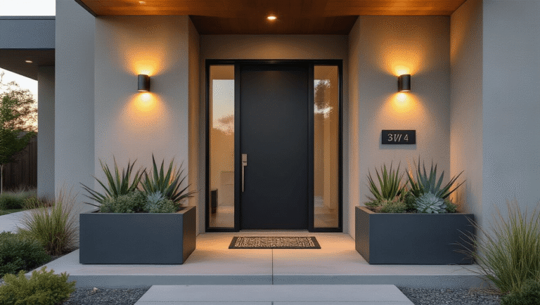 Transform Your Front Entry: Ideas That Actually Work (Not Another Boring Porch Makeover) Cinematic wide shot of a modern minimalist front entry at golden hour, showcasing a charcoal black door, warm LED sconces, a wide concrete porch with architectural succulents, and a geometric doormat, all set against soft gray stucco walls.