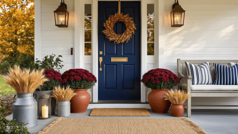 Small Front Porch Decorating Ideas That Actually Work (Even in Tiny Spaces) Intimate front porch scene featuring a navy blue door, weathered terracotta planters with burgundy and golden blooms, a vintage milk can with dried wheat, layered doormats, a eucalyptus wreath, cozy lanterns, and striped navy cushions, all bathed in warm golden hour lighting.