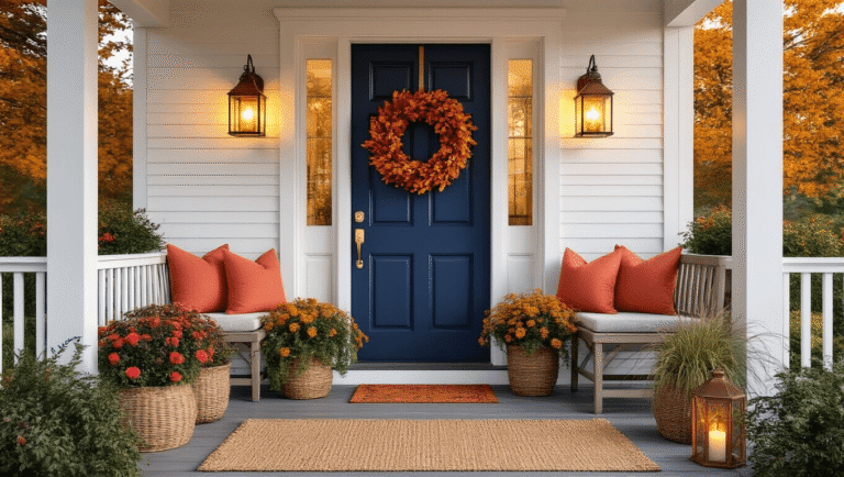 How to Decorate a Very Small Front Porch Without Making It Feel Cramped Cinematic front porch at golden hour with a navy blue door and oversized autumn wreath, warm lantern glow, cascading petunias in planters, woven basket planters, coral throw pillows on a wooden bench, and polished brass hardware, creating an inviting atmosphere.