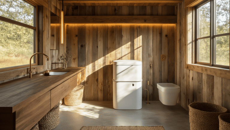 What Is an Outdoor Toilet? Everything You Need to Know Before Installing One Modern rustic outdoor composting toilet interior with cedar walls, a sleek white composting unit, and golden hour sunlight, featuring a floating walnut vanity, brass fixtures, and polished concrete floors with river stone accents.