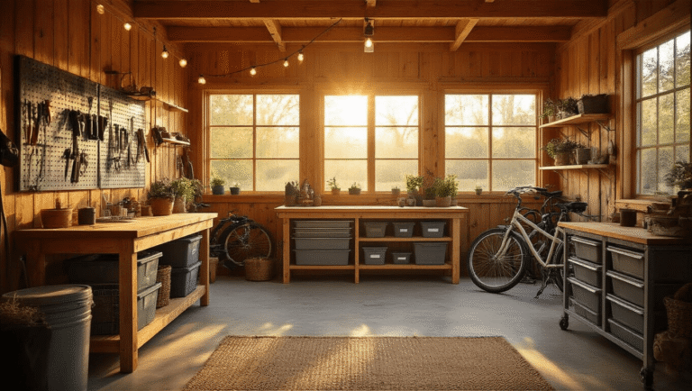 Transform Your Backyard: Everything You Need to Know About Choosing and Building the Perfect Shed Cinematic interior of a rustic wooden shed workshop illuminated by warm golden hour sunlight, featuring organized pegboard tool displays, a weathered workbench with gardening supplies, galvanized metal shelving with labeled storage bins, vintage bicycles, and power tools, all under a whitewashed shiplap ceiling with exposed beams and soft natural lighting.