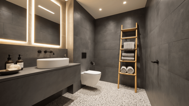 Cloakroom Toilet Ideas That'll Make Your Guests Actually Want to Use Your Loo Cinematic interior of a sophisticated cloakroom with a corner pedestal sink, wall-mounted toilet, and illuminated LED mirror cabinet against charcoal grey porcelain tiles, featuring a bamboo ladder shelf with rolled towels and geometric terrazzo flooring, all bathed in warm recessed lighting.