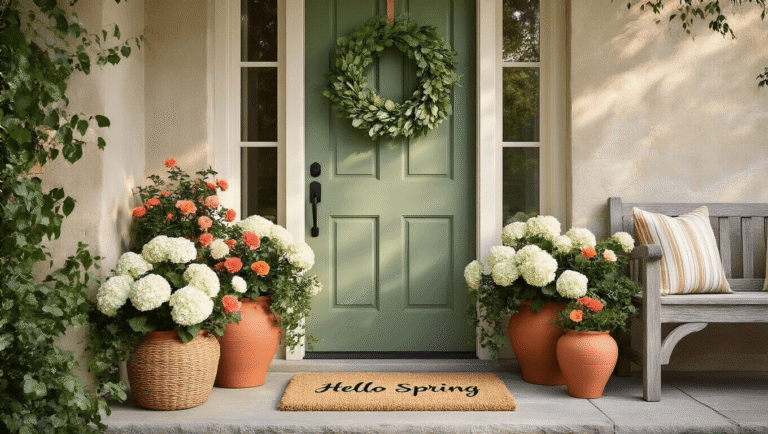 Your Front Door is Begging for a Spring Makeover—Here's Exactly How to Do It Photorealistic image of a sage green front door adorned with an eucalyptus wreath, surrounded by terracotta planters filled with white hydrangeas, coral geraniums, and sunset orange ranunculus. A woven basket with trailing ivy hangs from the door, and a natural coir doormat with "Hello Spring" is placed in front. A weathered wooden bench with striped pillows is positioned beside the door, all illuminated by warm golden hour light that casts soft shadows across the stone steps.