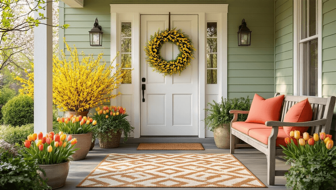 Inviting spring front porch with weathered white doors and sage green trim, adorned with a grapevine wreath of forsythia, vibrant tulips, and soft moss, featuring a wooden bench with coral cushions, all illuminated by warm golden hour sunlight filtering through blooming dogwood trees.