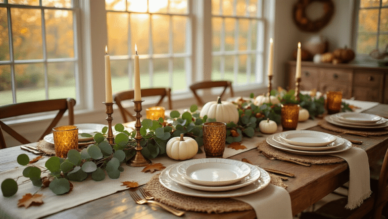 Thanksgiving Tablescapes That'll Make Your Guests Actually Want to Sit Down Elegant Thanksgiving tablescape featuring a rustic walnut dining table adorned with a cream linen tablecloth and burlap runner, accented by a eucalyptus garland centerpiece, mini white pumpkins, and brass candlesticks, all bathed in warm golden hour light.