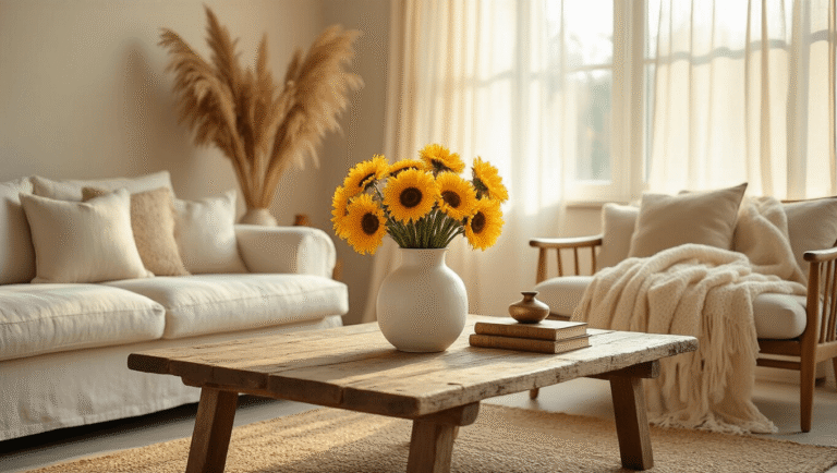 Why Yellow Flowers Deserve a Spot in Every Home (And How to Actually Keep Them Alive) Elegant living room with golden hour sunlight, featuring yellow sunflowers and ranunculus in a white ceramic vase on a rustic wood coffee table, cream linen sofa, natural jute rug, and warm brass accents, all against soft beige walls.