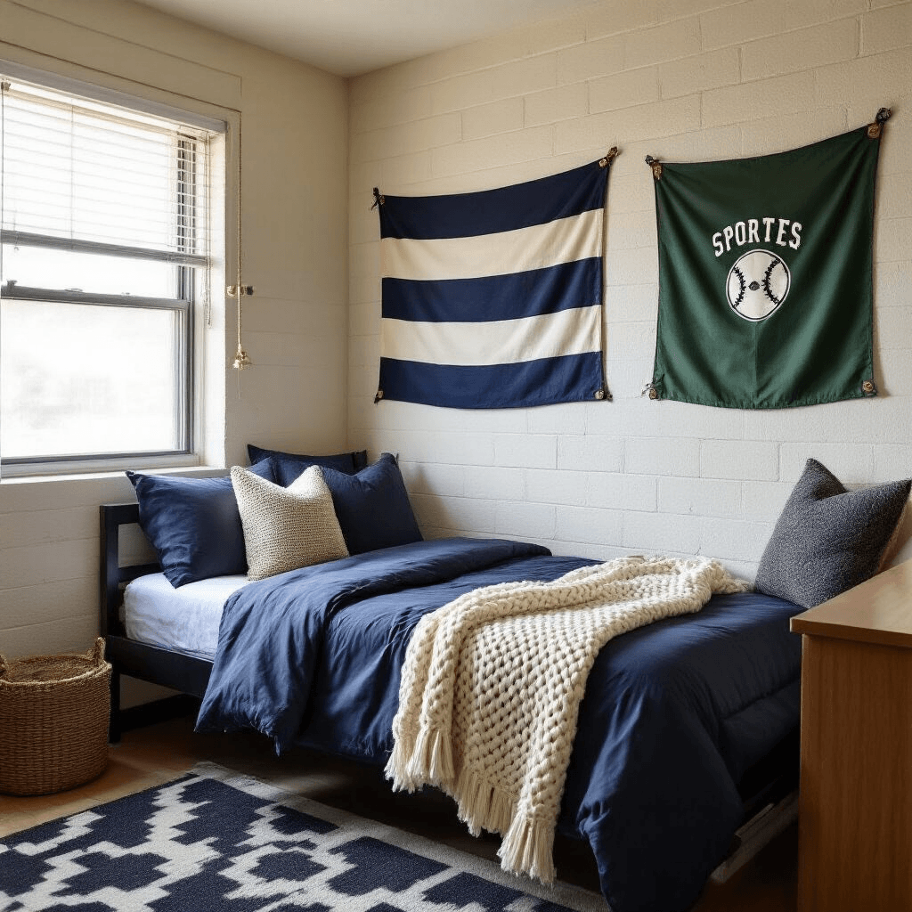 Dorm Room Ideas for Guys That Actually Look Good (Without Going Broke) Professional interior photograph of a compact college dorm room featuring modern flag wall decor, a twin XL bed with layered navy and gray bedding, and warm golden hour light illuminating the space.