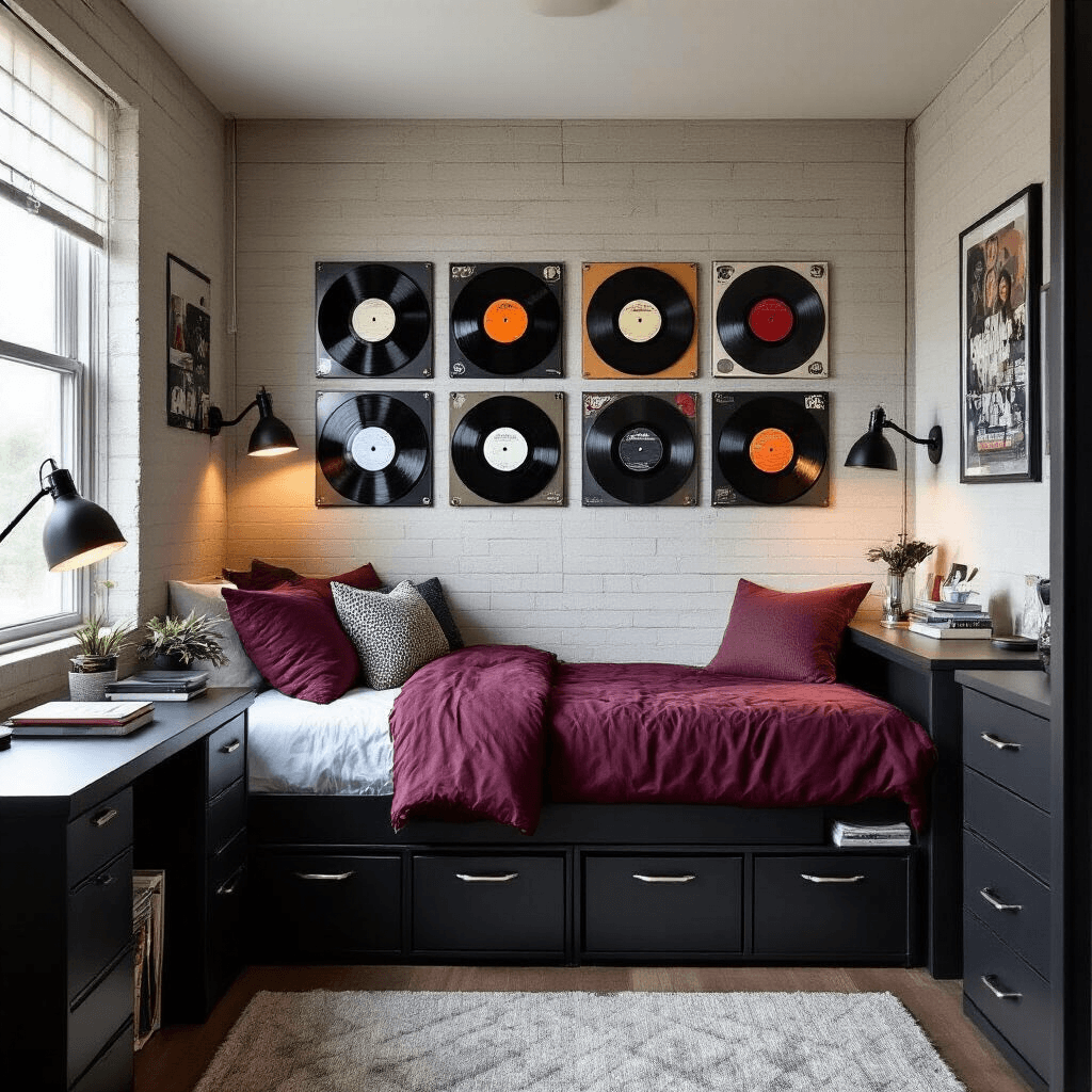 Dorm Room Ideas for Guys That Actually Look Good (Without Going Broke) Professional interior photograph of a stylish college dorm room featuring a vintage vinyl record gallery wall and lofted bed with coordinated burgundy and charcoal bedding. The room is illuminated by natural light and strategic lamps, showcasing an organized study area and rich burgundy area rug.