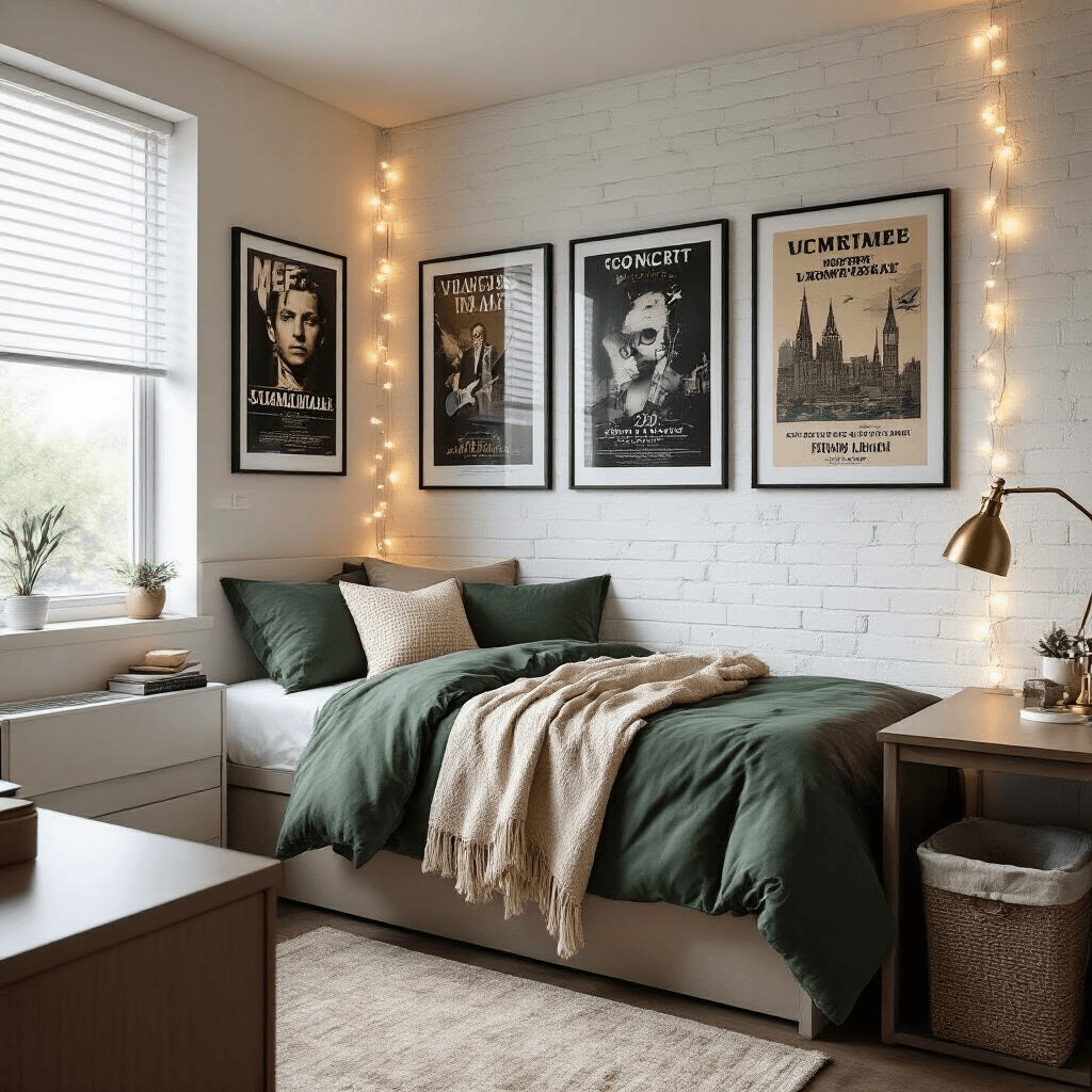 Dorm Room Ideas for Guys That Actually Look Good (Without Going Broke) A contemporary college dorm room featuring a sophisticated poster gallery wall, twin bed with green and cream linens, warm LED lighting, and stylish storage solutions, captured in soft morning light.