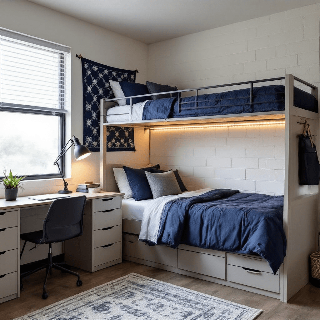 Dorm Room Ideas for Guys That Actually Look Good (Without Going Broke) Organized college dorm room featuring a lofted bed with navy and gray bedding, a compact study area with organized desktop storage, and smart lighting solutions including LED strip lights and modern lamps, set against white cinder block walls, with a geometric area rug on tiled flooring.