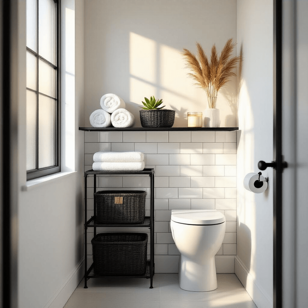 Over-the-Toilet Storage Ideas That Actually Look Amazing (Not Just Functional) Photorealistic image of a modern small bathroom with white walls, a wall-mounted toilet, and a black metal etagere. Morning light streams through a frosted glass window, casting soft shadows on a white subway tile backsplash. The etagere features woven rattan baskets, rolled white towels, a jade succulent, a clear glass vase with dried pampas grass, and a vanilla candle. The scene conveys a clean, spa-like atmosphere with warm textures and industrial elements.