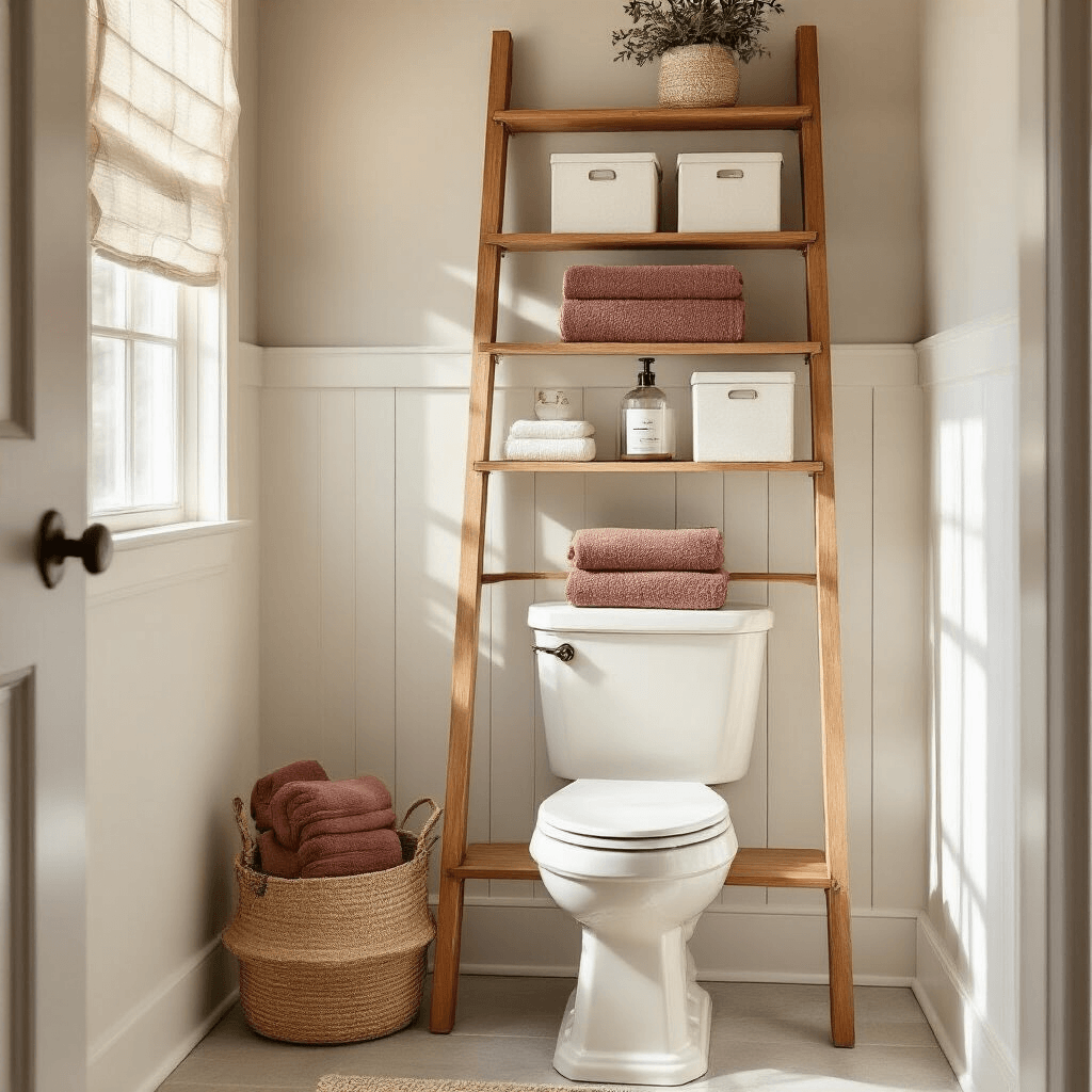 Over-the-Toilet Storage Ideas That Actually Look Amazing (Not Just Functional) A wide-angle view of a modern farmhouse powder room featuring a wooden ladder shelf with decorative towels and storage boxes above a white toilet, illuminated by warm afternoon light filtering through sheer curtains, with cream walls and shiplap wainscoting, creating a cozy and sophisticated atmosphere.