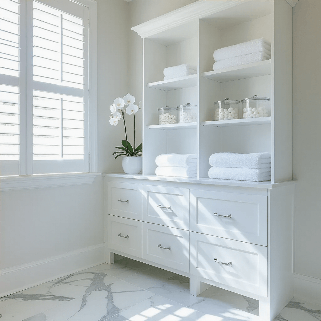 Over-the-Toilet Storage Ideas That Actually Look Amazing (Not Just Functional) Ultra-detailed view of a serene master bathroom featuring white cabinet-style over-toilet storage with a mix of open and closed compartments, illuminated by bright natural light from a large window with plantation shutters, showcasing marble-look porcelain tile flooring and meticulously organized decor.