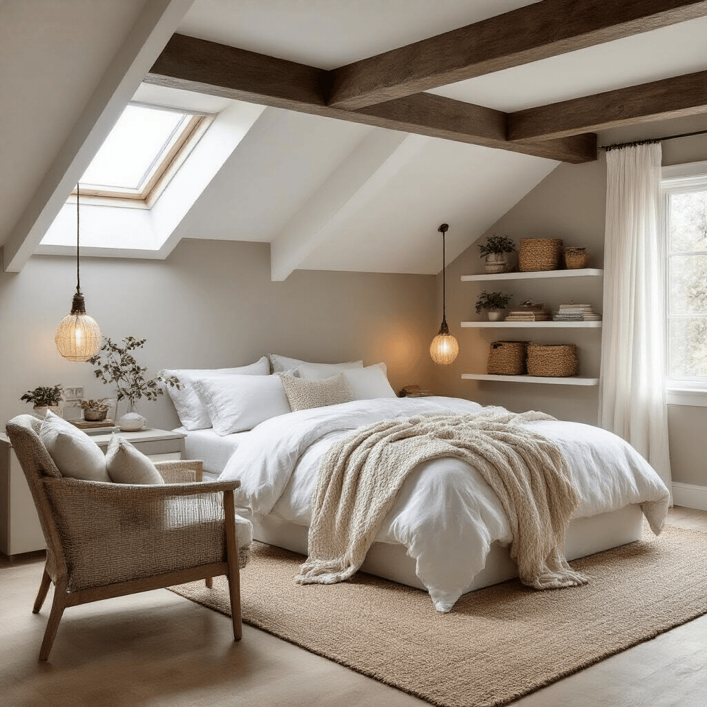 Attic Room Makeover: Turn Your Forgotten Space Into a Cozy Pinterest-Worthy Retreat Photorealistic attic bedroom with sloped white ceilings and dark wood beams, featuring a low platform bed with white linens and gray throws, a reading chair by a gable window, warm greige knee walls with floating shelves, a jute rug, and ambient bedside lighting, captured from a doorway perspective.
