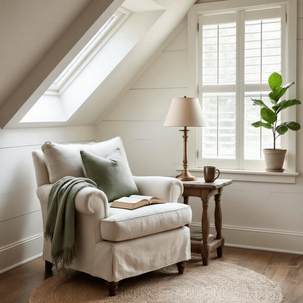 Attic Room Makeover: Turn Your Forgotten Space Into a Cozy Pinterest-Worthy Retreat Cozy reading nook under sloped attic, featuring an oversized cream linen chair, brass lamp, open book, and ceramic mug, bathed in soft morning light with shadows on whitewashed walls.
