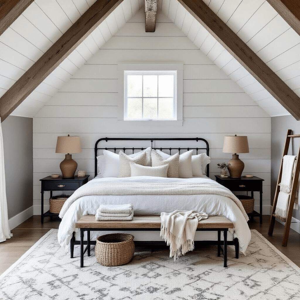 Attic Room Makeover: Turn Your Forgotten Space Into a Cozy Pinterest-Worthy Retreat Attic bedroom styled for Pinterest with white shiplap accent wall, dark metal bed frame, layered white and cream bedding, matching nightstands with ceramic lamps, bright white exposed ceiling beams, soft gray walls, built-in storage with brass hardware, natural light from a dormer window, vintage wooden ladder with throws and baskets, and a large cream area rug with geometric pattern.
