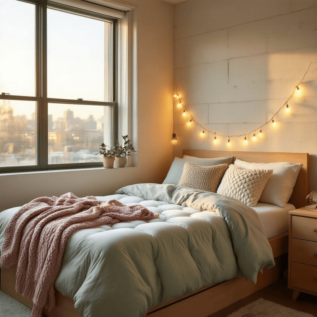 Dorm Room Essentials: Everything You Actually Need (And Nothing You Don't) Photorealistic cozy dorm room with warm golden hour light, featuring a twin XL bed with a memory foam mattress, crisp white sheets, and a sage green duvet. Decorated with cream cable-knit pillows, a dusty rose chunky knit blanket, and warm brass string lights. Soft cream concrete walls and natural wood furniture add warmth to the serene atmosphere.