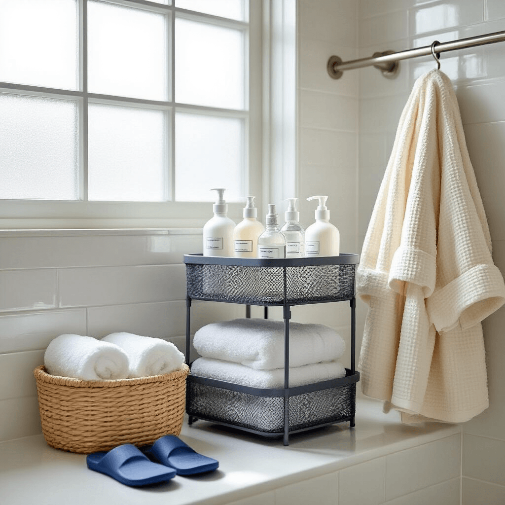 Dorm Room Essentials: Everything You Actually Need (And Nothing You Don't) Professional interior shot of a well-organized dorm bathroom caddy station featuring a mesh shower caddy with clear toiletries, stacked fluffy white towels in a woven basket, rubber navy blue shower shoes, and a cream cotton robe hanging on a hook, all illuminated by bright morning light.