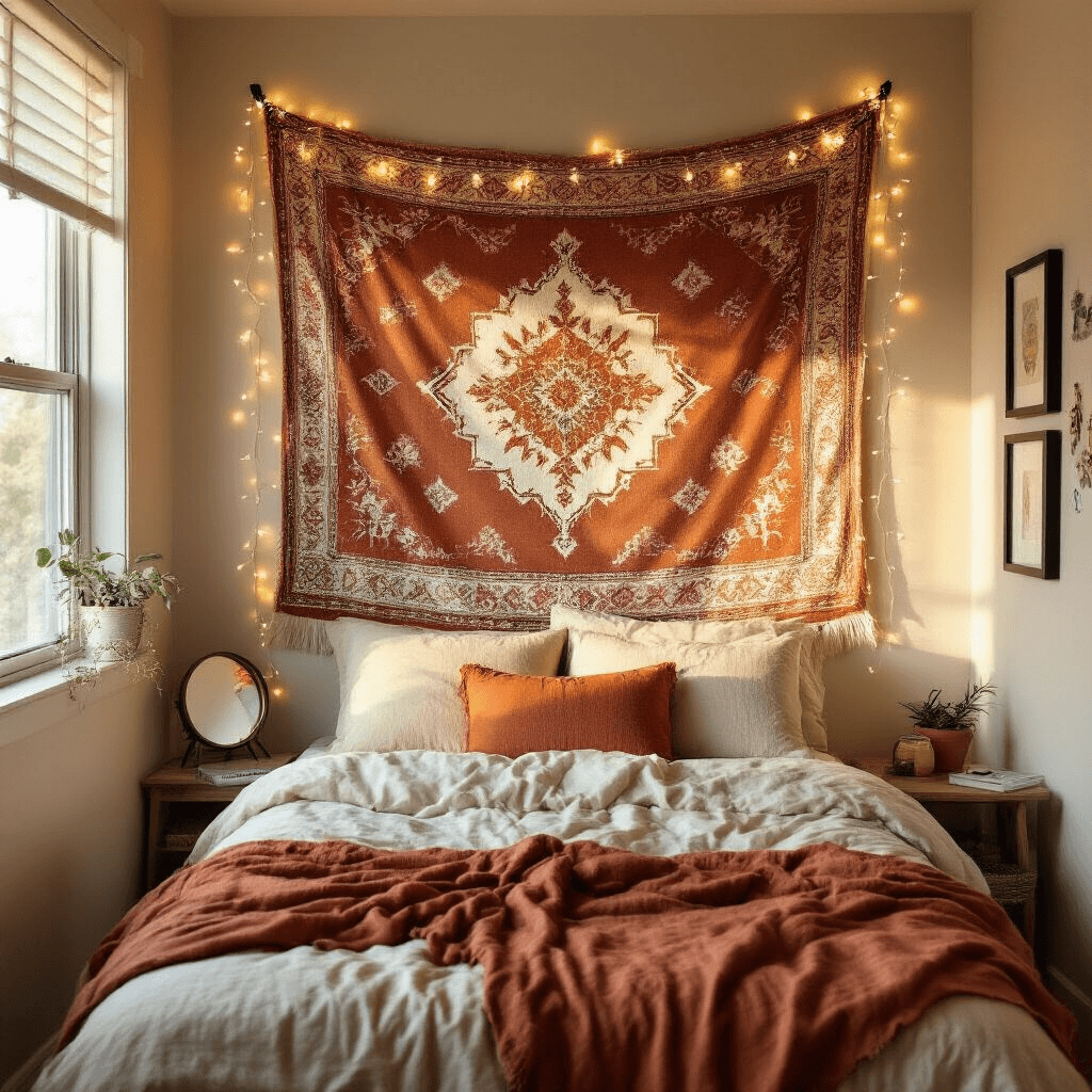 Dorm Room Wall Decor That'll Make Your Friends Jealous (No Holes, No Problem) Medium shot of a cozy dorm room at golden hour, featuring a bohemian tapestry in terracotta and cream above a twin XL bed with cream linens and a rust-colored throw pillow. Warm natural light illuminates the space, highlighting fairy lights draped around the tapestry and a small round mirror alongside two black frames. The scene includes a wooden desk chair and a small succulent, with beige walls providing a neutral backdrop.