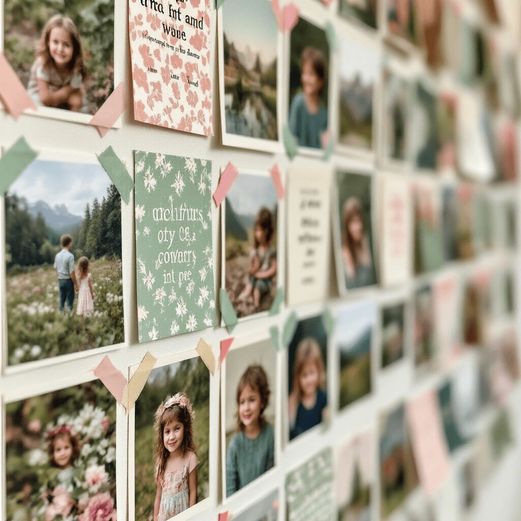 Dorm Room Wall Decor That'll Make Your Friends Jealous (No Holes, No Problem) Close-up detail of an organic photo collage featuring overlapping printed photos and quotes, attached with sage green and blush pink washi tape, illuminated by soft diffused lighting and surrounded by warm bokeh from string lights.