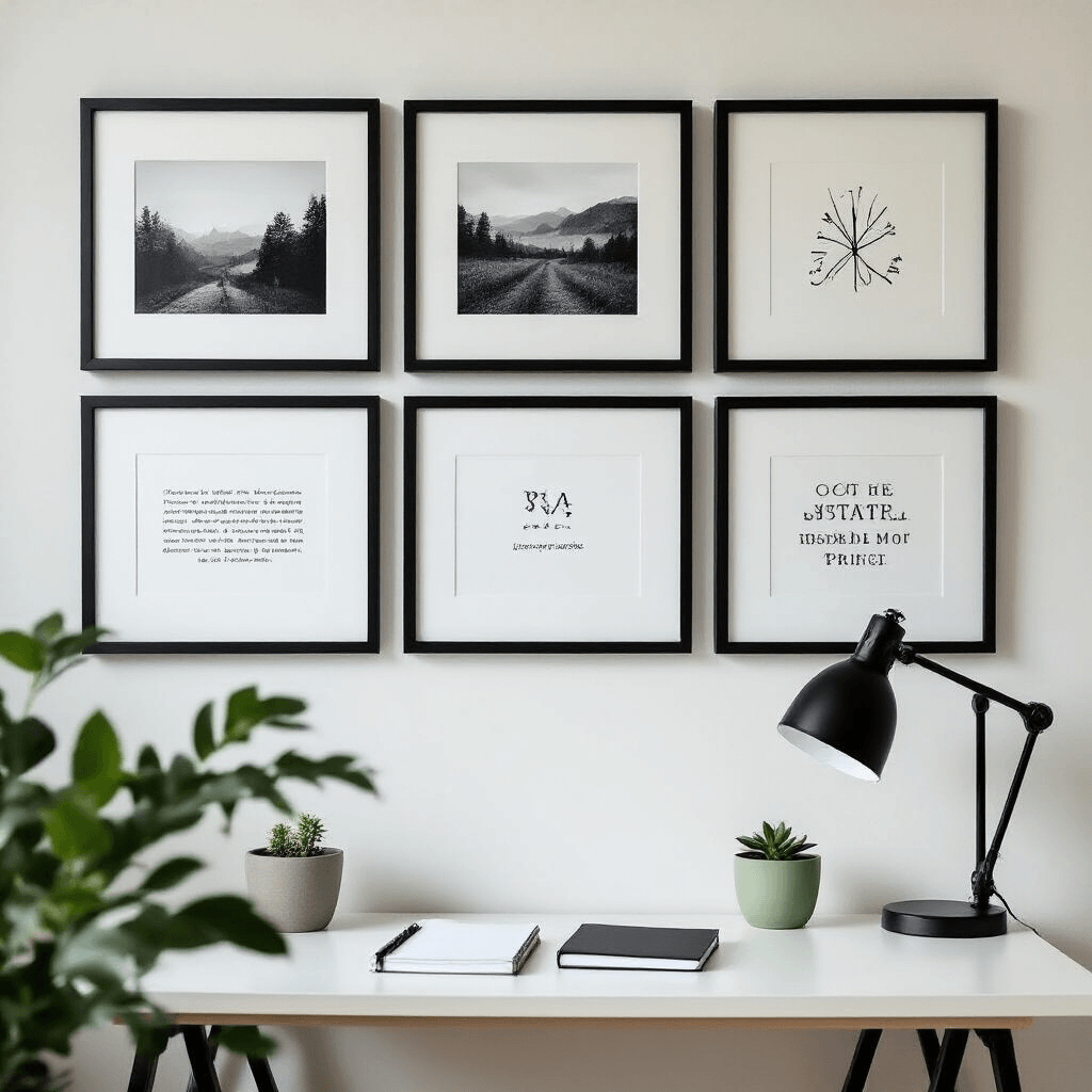 Dorm Room Wall Decor That'll Make Your Friends Jealous (No Holes, No Problem) A minimalist gallery wall featuring a 3x3 grid of black frames with black and white photography, line drawings, and typography prints, above a tidy white IKEA desk. The scene is well-lit with even natural light, showcasing a small LED desk lamp, notebook, and sage green plant pot, all set against standard white dorm room walls.