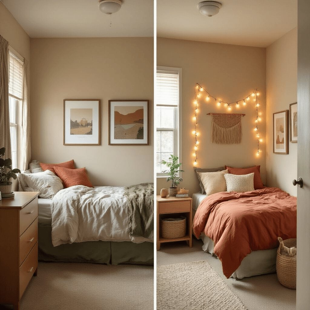 Dorm Room Wall Decor That'll Make Your Friends Jealous (No Holes, No Problem) Split view of a transformed dorm room, showcasing institutional beige walls and basic furniture on the left, contrasted with a stylishly decorated space featuring framed prints, string lights, and a cohesive color palette of cream, terracotta, and olive green on the right.